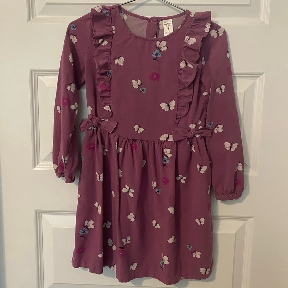 Carter's Purple Plum Ruffle Dress with Butterfly Floral Print Size 8